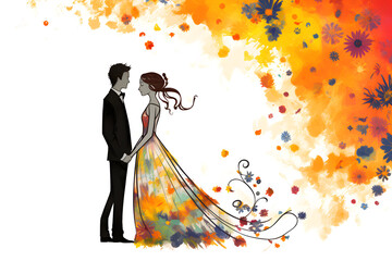 colourful abstract ink sketch illustration of happy bride and groom on white background - obrazy, fototapety, plakaty