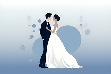 minimalist illustration of happy bride and groom on blue background
