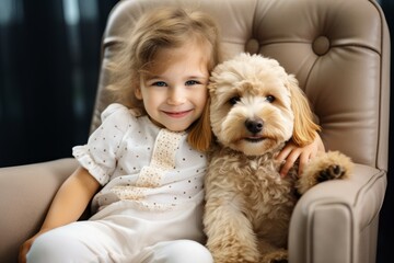 Little child girl with cute puppy in armchair. Smiling lovely canine friend. Generate ai