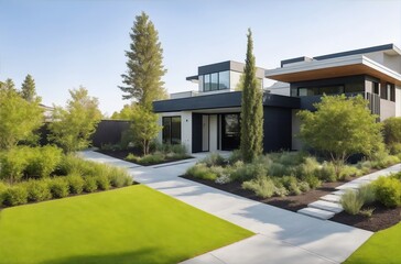 Exterior shot of a modern house with beautiful landscaping.Created with generative AI