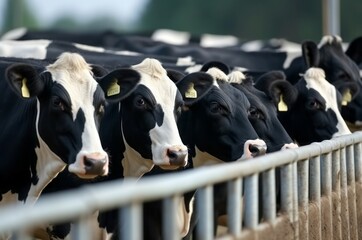 Obraz na płótnie Canvas Black and white cows in livestock pen. Bovine farming activity for dairy production. Generate ai
