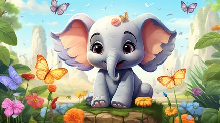 Fotobehang Olifant a cartoon character of a baby elephant with big floppy ears. illustration