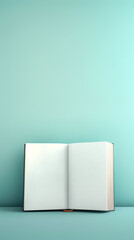 Open blank book on a light green background.