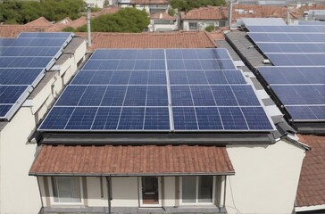 Fototapeta premium Solar panels installed on rooftops of houses or buildings shot from an angle.Created with generative AI