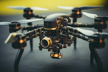 Modern drone with high-resolution camera and gold accents
