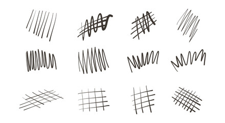 hatching and crosshatch lines doodle hand draw set. vertical, diagonal or parallel strokes. strikethrough doodles. Vector stock illustration isolated
