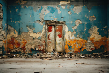 an old room with peeling paint on the walls and flooring debris scattered all over the entire wallpapers - 669390224