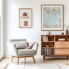 modern living room with a wooden chair, wooden bookcase and world map, in the style of light gray and light brown