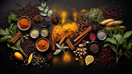 Top view of various Indian spices and seasonings on a table - obrazy, fototapety, plakaty