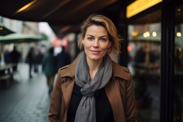 Portrait of a beautiful woman in a coat and scarf on the street
