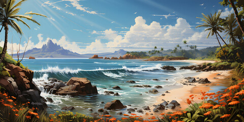 painting of the tropical beach landscape, a picturesque natural environment in harmonious colours - obrazy, fototapety, plakaty