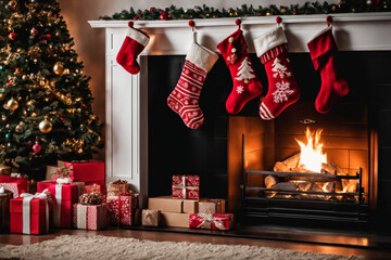 Weihnachtssocken am Kamin hängend . Feuerstelle ,Geschenke und Weihnachstbaum im Hintergrund . KI Generated