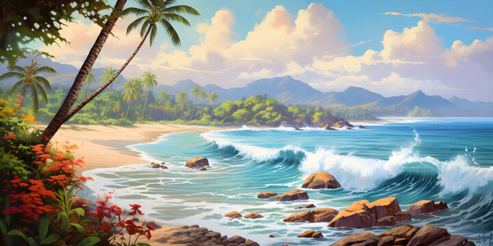 painting of the tropical beach landscape, a picturesque natural environment in harmonious colours
