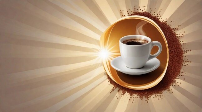 Hot coffee against sunbeams background with space for text, background image, AI generated
