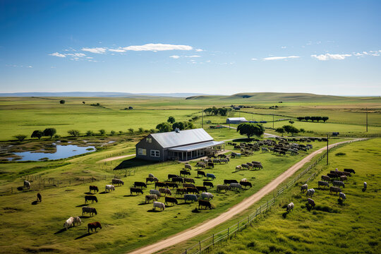 cows grazing in an open field with a barn and farm buildings on the other side of the photo is taken from above