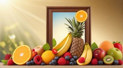 A frame made of fresh fruits against sunbeams background, background image, AI generated