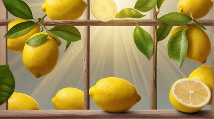 A frame made of fresh lemons against sunbeams background, background image, AI generated