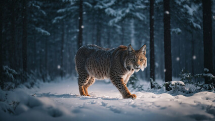 Bellissima lince in una foresta innevata in invero durante una nevicata