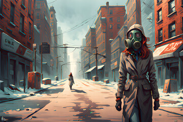 A woman walking down an empty street wearing a gas mask in a dystopian worldview.
