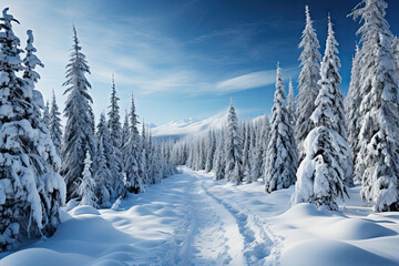 snow covered trees in the middle of a snowy forest with blue sky and white fluffy clouds above them all around - Powered by Adobe