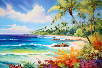 Fototapeta na wymiar colourful impressionistic painting of the tropical beach landscape