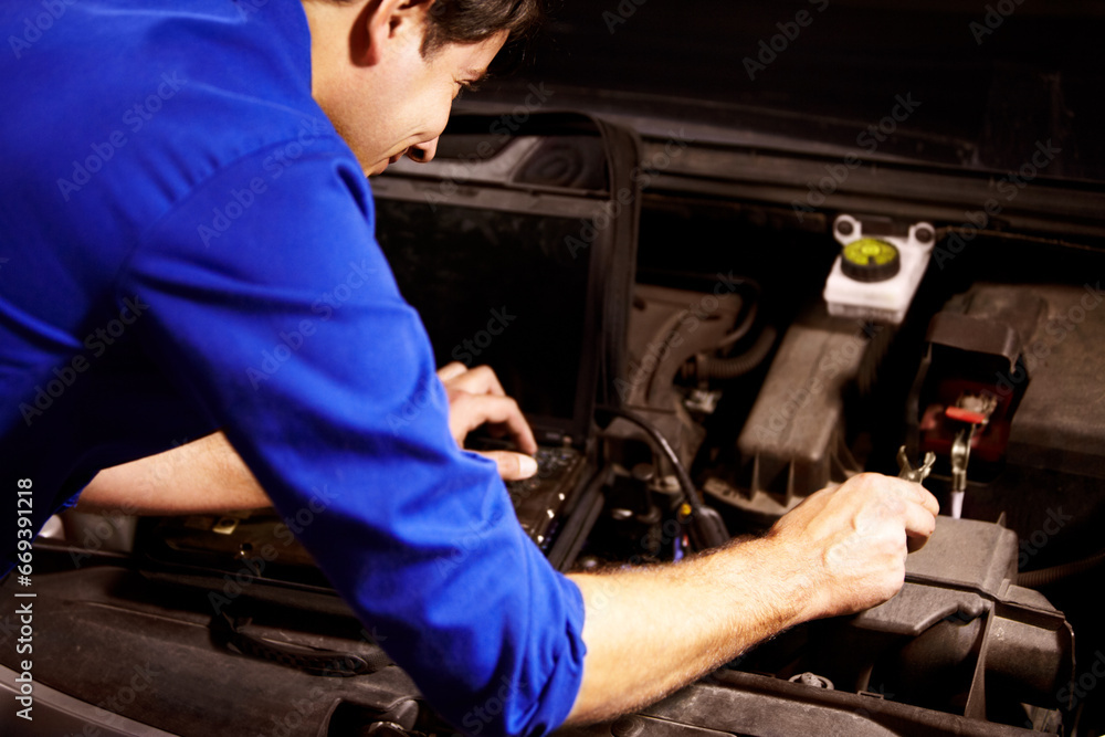 Sticker hands, car or repair and a mechanic man in a workshop as an engineer looking at the engine of a vehi