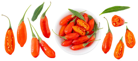 ripe fresh goji berries with green leaves on white background.