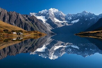 Majestic mountains mirrored in calm lake. Generative AI