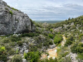 The river Bijela voda or Bijeli Stream in a rugged canyon at the foot of the Przun hill, Karin Gornji - Croatia (Rijeka Bijela voda ili Bijeli potok u krševitom kanjonu podno brda Pržun - Hrvatska) - obrazy, fototapety, plakaty