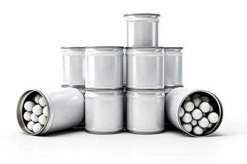 Illustration of tin cans and balls, isolated on white background. Generative AI