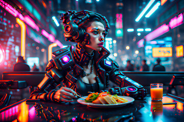 Fototapeta na wymiar A woman eating in a cyberpunk world wearing high-tech clothes