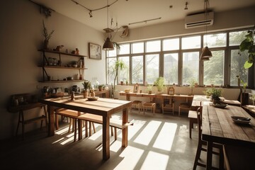 Clean dining space with lots of sunlight. Generative AI