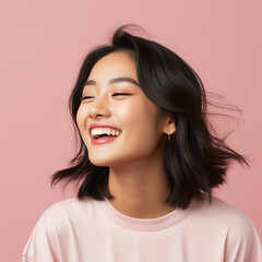 portrait of a woman, pink t shirt portrait of a smiling girl in pink background studio space 