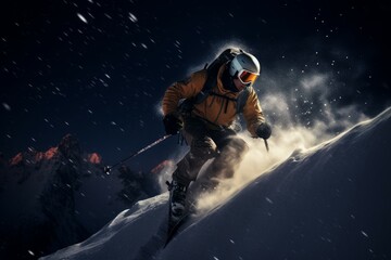 Midnight skiing in mountains. Sport male resort human vacation. Generate Ai