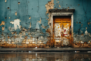 an old building with peeling paint on it's walls and the door is partially in half to the wall