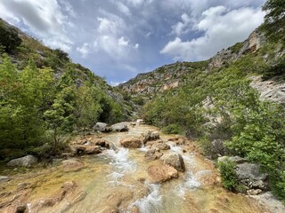 The river Bijela voda or Bijeli Stream in a rugged canyon at the foot of the Przun hill, Karin Gornji - Croatia (Rijeka Bijela voda ili Bijeli potok u krševitom kanjonu podno brda Pržun - Hrvatska) - obrazy, fototapety, plakaty