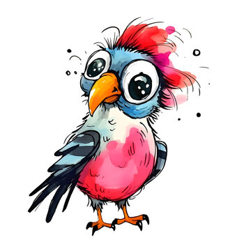 simple colourful ink illustration of cute funny parrot isolated on white background