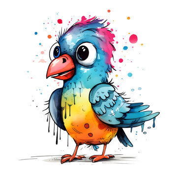 simple colourful ink illustration of cute funny parrot isolated on white background