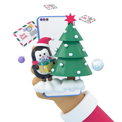 In the hands of a phone with a penguin with a gift received by a postcard via SMS gif sticker for the new year. The concept of congratulations on New Year. 3d render illustration design concept.