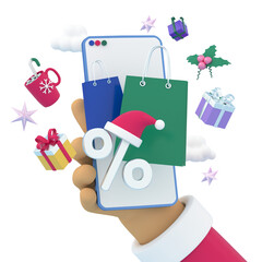 In the hands of a phone with purchases for Christmas through an online store with New Year's discounts. The concept of congratulations on Christmas or New Year. 3d render illustration design concept.