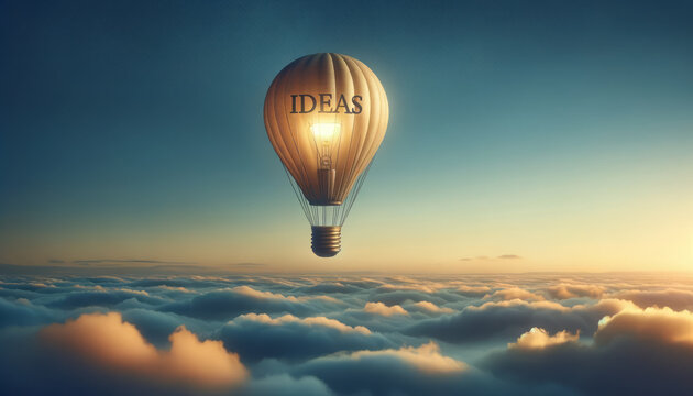 A hot air balloon in the shape of a light bulb with the word Ideas on it. Brainstorming and idea generation. Blue sky thinking.