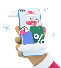 In the hands of a phone with a snowman and purchases through an online store with New Year's discounts. The concept of congratulations on Christmas or New Year. 3d render illustration design concept.