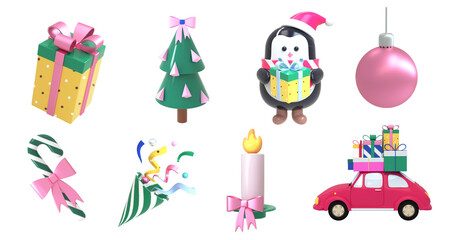 Set of Christmas icons for Christmas penguin, Christmas tree, car, gifts New Year holiday. The concept of the New Year is a warm, cozy holiday atmosphere. 3d render illustration design concept.