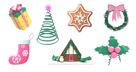 Set of Christmas icons for Christmas snowman, Christmas tree, berries, gift New Year holiday. The concept of the New Year is a warm, cozy holiday atmosphere. 3d render illustration design concept.