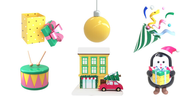 Set of Christmas icons for Christmas penguin, Christmas tree, drum, gift New Year holiday. The concept of the New Year is a warm, cozy holiday atmosphere. 3d render illustration design concept.
