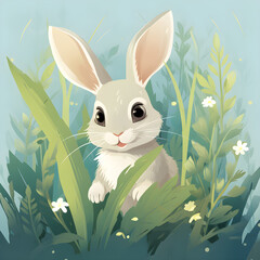cute cartoon illustration of easter bunny in the meadow