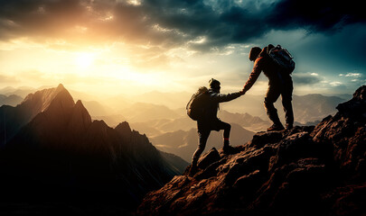 Two men on top of a mountain and helping each other to the summit