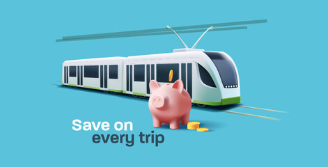 Urban tram rail public transport illustration with saving money banner with pink pig bank © YarM