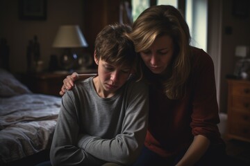 Fototapeta premium Mother consoling her upset son in bedroom support. Day crisis comforting sleeping. Generate Ai