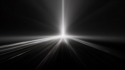 Abstract lightray with laser flash on black background, in the style of soft tonal shifts, ethereal landscape, black and white imagery, sunrays shine upon it, flattened perspective, poetic minimalism
